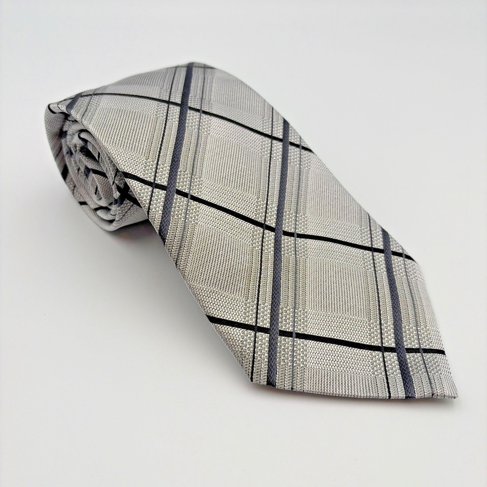 Etro Silk Tie Mens One Size Grey Black Plaid Woven Geometric Made in Italy